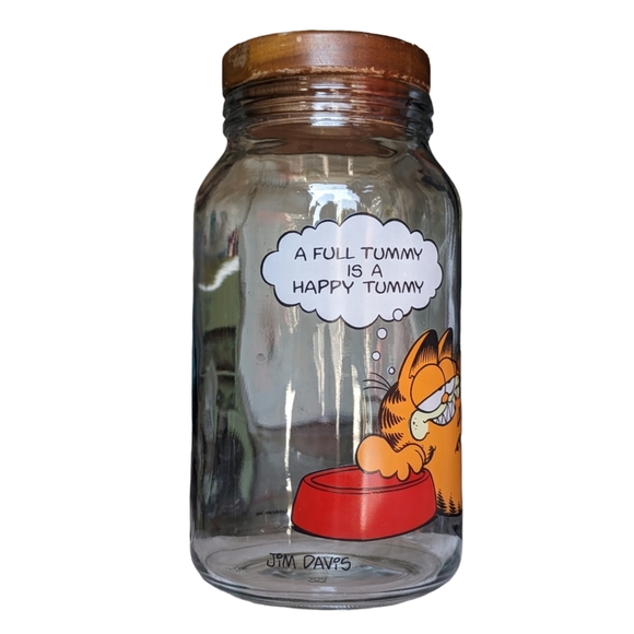 1978 Garfield Anchor Hocking Glass Canister with Lid Full Tummy Happy Tummy - Picture 2 of 11